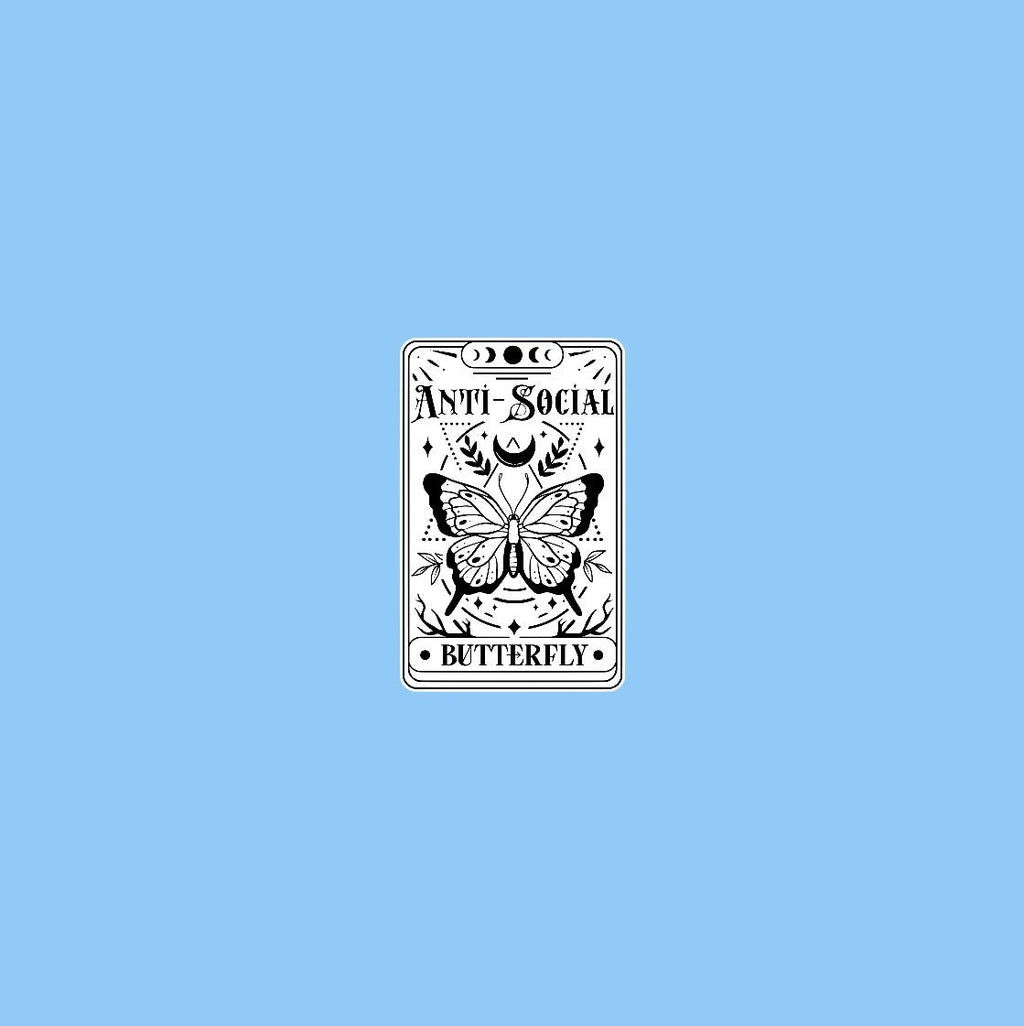 Anti Social Butterfly tarot card sticker -black 'n white waterproof spooky decoration for laptop kindle tablet phone wall car