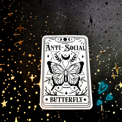 Anti Social Butterfly tarot card sticker -black 'n white waterproof spooky decoration for laptop kindle tablet phone wall car