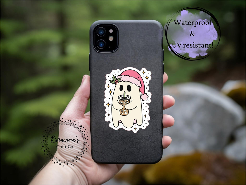 Christmas sticker! Iced coffee santa ghost waterproof vinyl sticker - sarcastic decoration for kindle laptop phone water bottle & more!