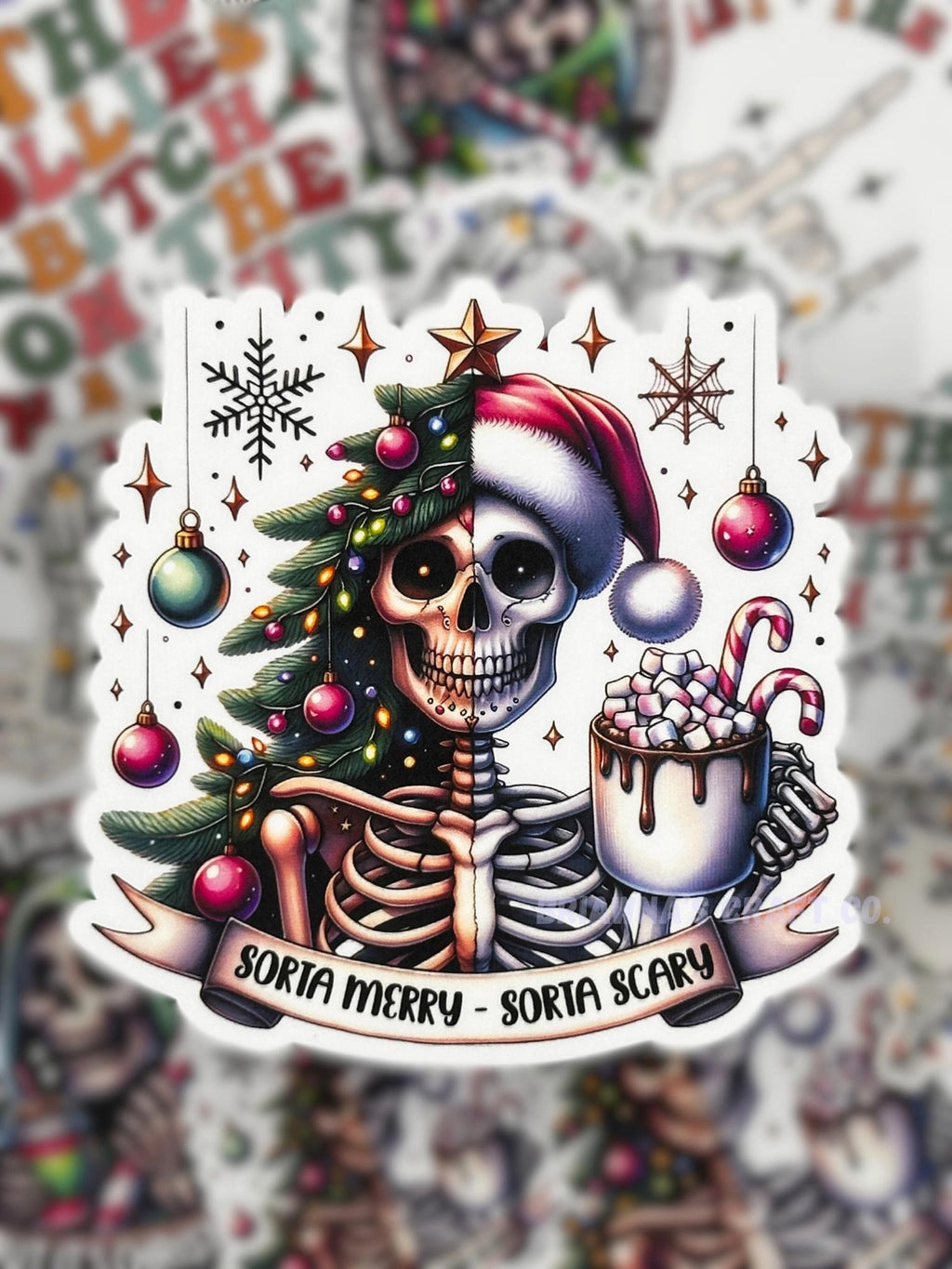 Waterproof Vinyl Sticker - "Sorta Merry - Sorta Scary" funny Christmas decal stocking stuffer for laptop kindle phone tablet and more!