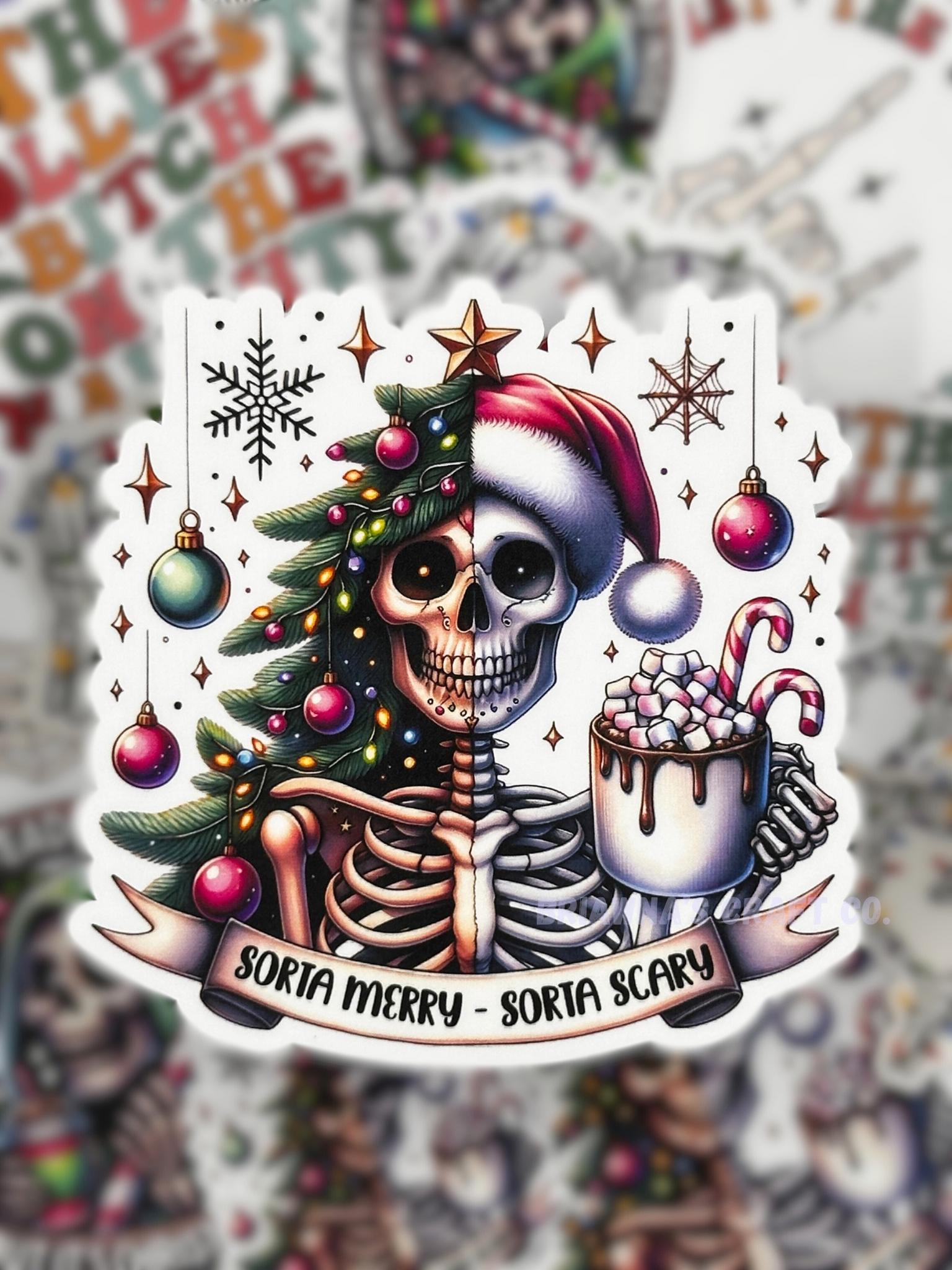 Waterproof Vinyl Sticker - "Sorta Merry - Sorta Scary" funny Christmas decal stocking stuffer for laptop kindle phone tablet and more!