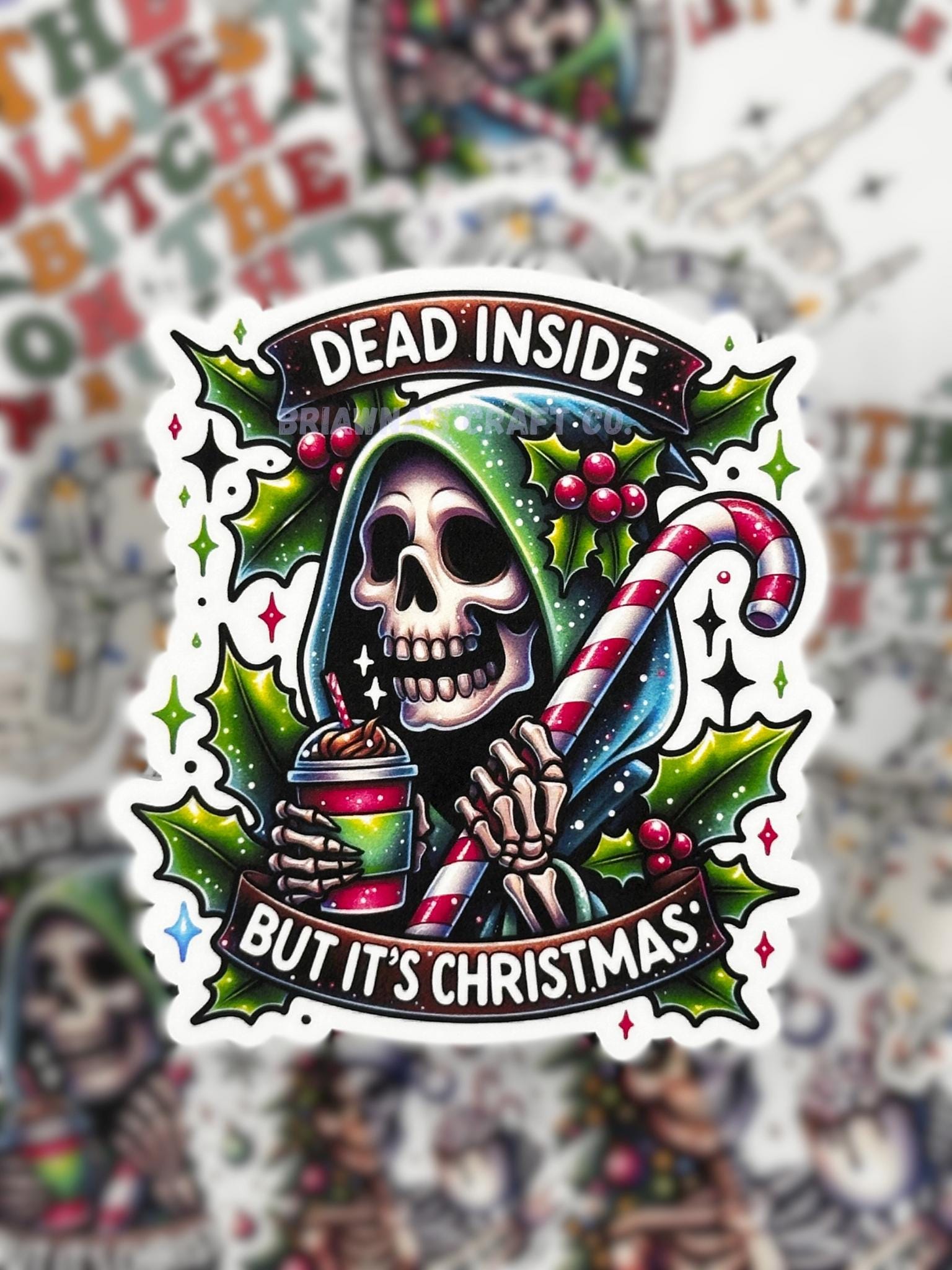 Waterproof Vinyl Sticker - "Dead Inside but It's Christmas" funny Christmas decal stocking stuffer for laptop kindle phone tablet and more!